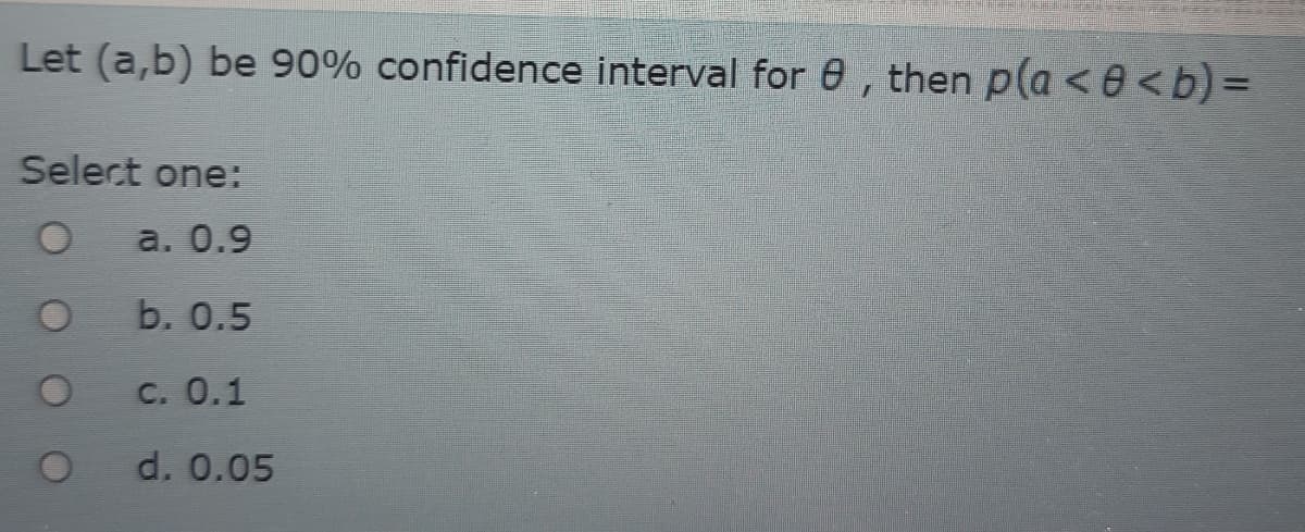 Let (a,b) be 90% confidence interval for e, then p(a <e<b) 3D
II
Select one:
a. 0.9
b. 0.5
С. О.1
d. 0.05
