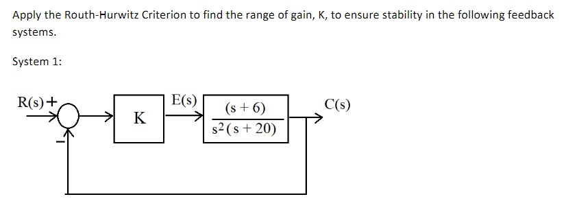 Apply the Routh-Hurwitz Criterion to find the range of gain, K, to ensure stability in the following feedback
systems.
System 1:
R(s) +
E(s)
(s + 6)
C(s)
K
s² (s+20)