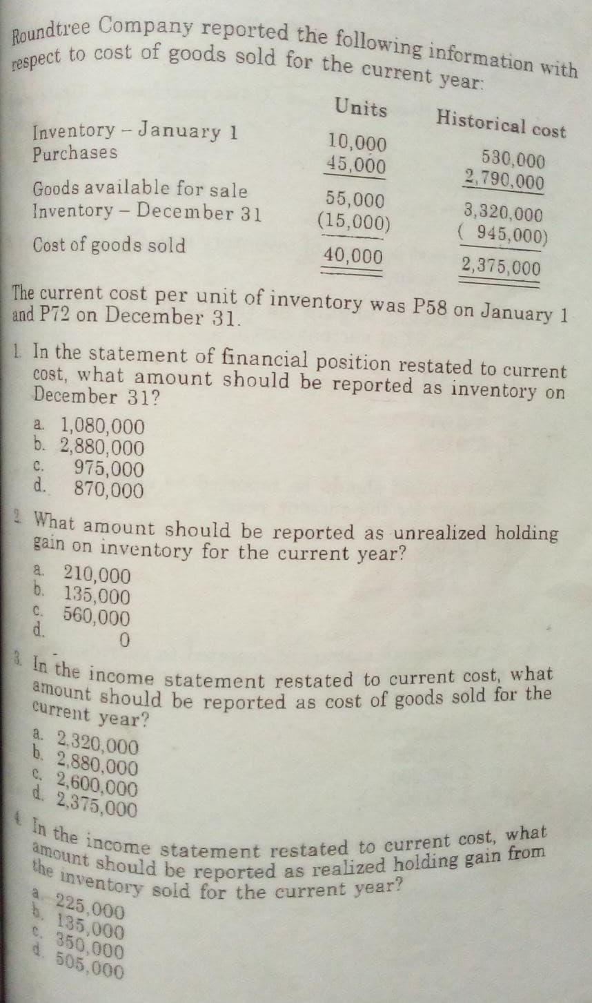 amount should be reported as realized holding gain from
A In the income statement restated to current cost, what
amount should be reported as cost of goods sold for the
respect to cost of goods sold for the current year:
the inventory sold for the current year?
Roundtree Company reported the following information with
3. In the income statement restated to current cost, what
Units
Historical cost
Inventory- January 1
Purchases
10,000
45,000
530,000
2,790,000
Goods available for sale
Inventory - December 31
55,000
(15,000)
3,320,000
( 945,000)
40,000
2,375,000
Cost of goods sold
The current cost per unit of inventory was P58 on January 1
and P72 on December 31.
1 In the statement of financial position restated to current
cost, what amount should be reported as inventory on
December 31?
a. 1,080,000
b. 2,880,000
975,000
C.
d. 870,000
4 What amount should be reported as unrealized holding
gain on inventory for the current year?
a. 210,000
b. 135,000
C. 560,000
d.
current year?
a. 2,320,000
b. 2,880,000
C. 2,600,000
d.
2,375,000
a 225,000
b. 135,000
C. 350,000
d. 505,000
