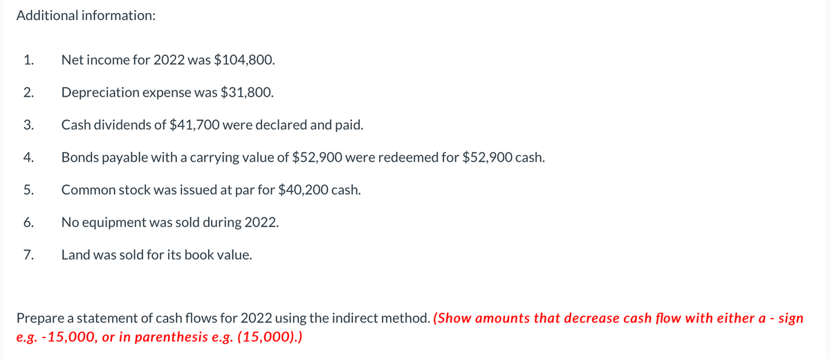 Additional information:
1.
2.
3.
4.
5.
6.
7.
Net income for 2022 was $104,800.
Depreciation expense was $31,800.
Cash dividends of $41,700 were declared and paid.
Bonds payable with a carrying value of $52,900 were redeemed for $52,900 cash.
Common stock was issued at par for $40,200 cash.
No equipment was sold during 2022.
Land was sold for its book value.
Prepare a statement of cash flows for 2022 using the indirect method. (Show amounts that decrease cash flow with either a - sign
e.g. -15,000, or in parenthesis e.g. (15,000).)