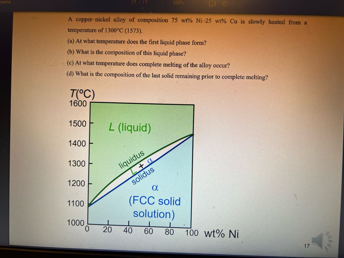 rams
A copper-nickel alloy of composition 75 wt% Ni-25 wt% Cu is slowly heated from a
temperature of 1300°C (1573).
(a) At what temperature does the first liquid phase form?
(b) What is the composition of this liquid phase?
T(°C)
1600
(c) At what temperature does complete melting of the alloy occur?
(d) What is the composition of the last solid remaining prior to complete melting?
1500
1400
1300
1200
1100
1000
17 / 17
0
L (liquid)
20
liquidus
+ a
solidus
100%
40
α
(FCC solid
solution)
60
80
100 wt% Ni
17