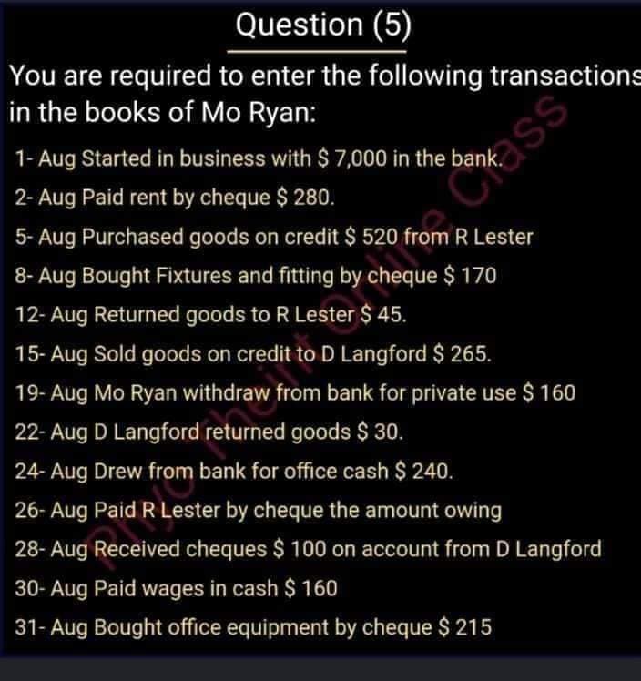 Question (5)
You are required to enter the following transactions
in the books of Mo Ryan:
1-Aug Started in business with $7,000 in the bank s
2- Aug Paid rent by cheque $ 280.
5-Aug Purchased goods on credit $ 520 from R Lester
8-Aug Bought Fixtures and fitting by cheque $ 170
12- Aug Returned goods to R Lester $ 45.
15- Aug Sold goods on credit to D Langford $ 265.
19- Aug Mo Ryan withdraw from bank for private use $ 160
22-Aug D Langford returned goods $ 30.
24-Aug Drew from bank for office cash $ 240.
26- Aug Paid R Lester by cheque the amount owing
28-Aug Received cheques $ 100 on account from D Langford
30-Aug Paid wages in cash $ 160
31-Aug Bought office equipment by cheque $ 215