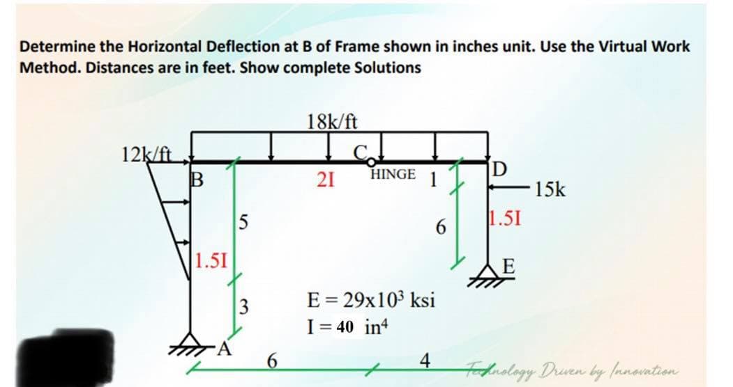 Determine the Horizontal Deflection at B of Frame shown in inches unit. Use the Virtual Work
Method. Distances are in feet. Show complete Solutions
18k/ft
12k/ft
21
HINGE
15k
1.51
1.51
E
3
E = 29x103 ksi
I = 40 in4
4
todudlagy Drven by Innovation
