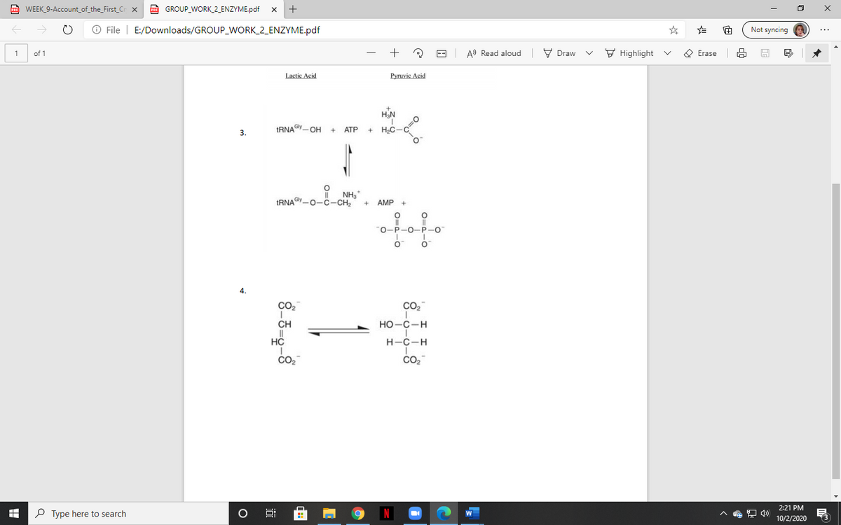 p WEEK_9-Account_of_the_First_C
O GROUP_WORK_2_ENZYME.pdf
+
O File | E:/Downloads/GROUP_WORK_2_ENZYME.pdf
Not syncing e
of 1
A) Read aloud V Draw
F Highlight
O Erase A
1
Lactic Acid
Pyruvic Acid
HC-
tRNAGly-OH
ATP
3.
NH,
tRNAGlY-0-C-CH2
AMP +
O-P-0-P-0
4.
CO2
CO2
CH
Но-с-н
н-с-н
co,
2:21 PM
P Type here to search
10/2/2020
近
