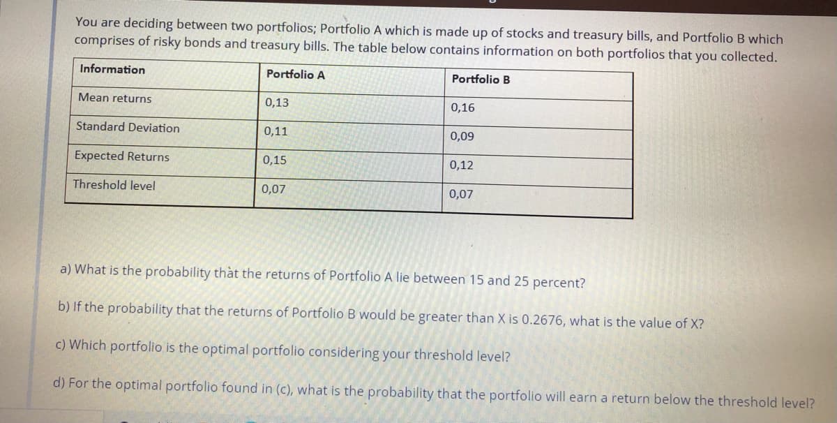 You are deciding between two portfolios; Portfolio A which is made up of stocks and treasury bills, and Portfolio B which
comprises of risky bonds and treasury bills. The table below contains information on both portfolios that you collected.
Information
Portfolio A
Portfolio B
Mean returns
0,13
0,16
Standard Deviation
0,11
0,09
Expected Returns
0,15
0,12
Threshold level
0,07
0,07
a) What is the probability thàt the returns of Portfolio A lie between 15 and 25 percent?
b) If the probability that the returns of Portfolio B would be greater than X is 0.2676, what is the value of X?
c) Which portfolio is the optimal portfolio considering your threshold level?
d) For the optimal portfolio found in (c), what is the probability that the portfolio will earn a return below the threshold level?
