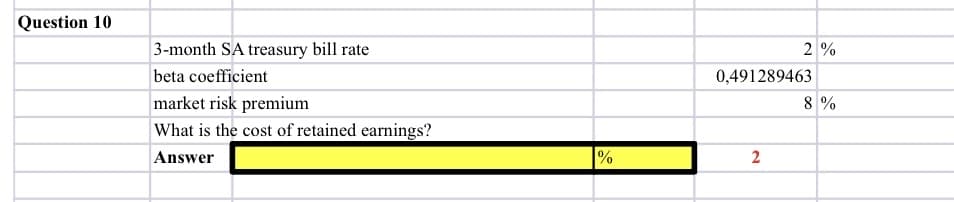 Question 10
3-month SA treasury bill rate
2%
beta coefficient
0,491289463
market risk premium
8 %
What is the cost of retained earnings?
Answer
2
