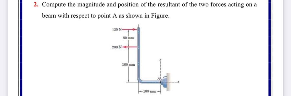2. Compute the magnitude and position of the resultant of the two forces acting on a
beam with respect to point A as shown in Figure.
120 N
80 mm
200 N
160 mm
-100 mm
