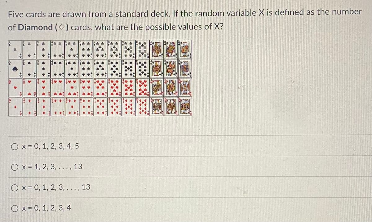 Five cards are drawn from a standard deck. If the random variable X is defined as the number
of Diamond (0) cards, what are the possible values of X?
O x = 0, 1, 2, 3, 4, 5
O x = 1, 2, 3, ..., 13
O x = 0, 1, 2, 3, ... , 13
O x = 0, 1, 2, 3, 4
