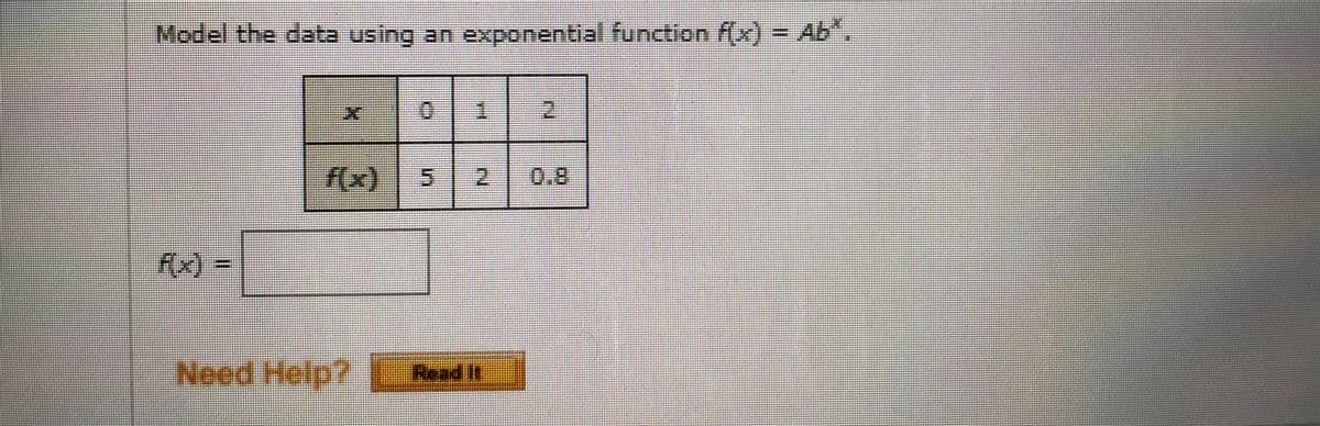 Model the data using an exponential function f(x) = Ab",
(x)
5 2
0.8
FX) =
Need Help?
1-. సంad i
Read It
