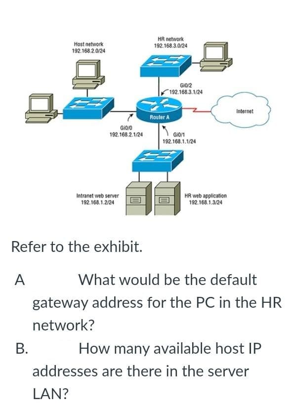HR network
192.168.3.0/24
Host network
192.168.2.0/24
GIO/2
192.168.3.1/24
Internet
Router A
GIO/0
192.168.2.1/24
GIO/1
192.168.1.1/24
Intranet web server
192.168.1.2/24
HR web application
192.168.1.3/24
Refer to the exhibit.
A
What would be the default
gateway address for the PC in the HR
network?
В.
How many available host IP
addresses are there in the server
LAN?

