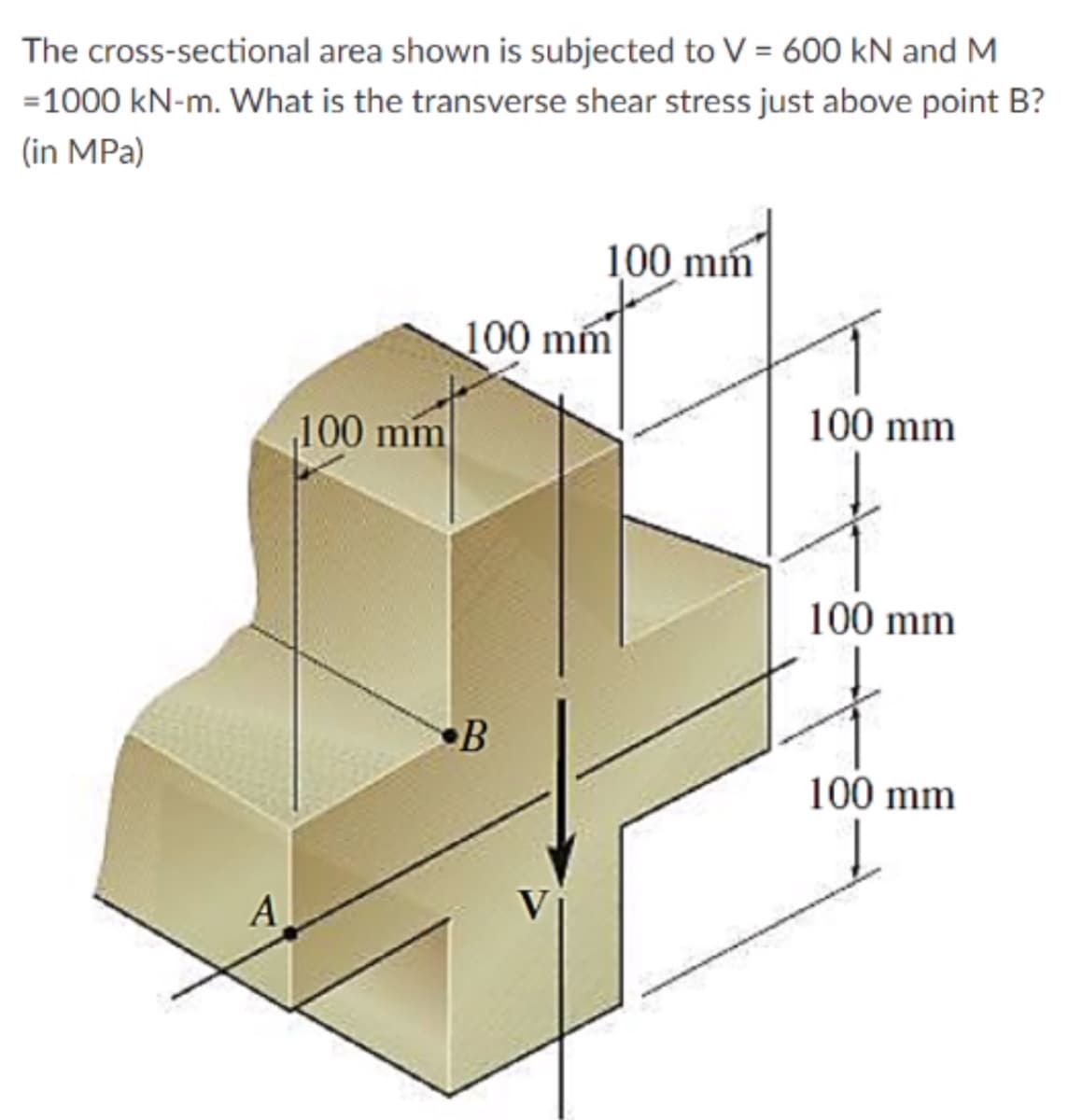 The cross-sectional area shown is subjected to V = 600 kN and M
=1000 kN-m. What is the transverse shear stress just above point B?
(in MPa)
100 mm
100 mm
100 mm
100 mm
100 mm
B
100 mm
A
V
