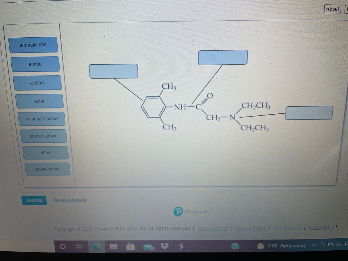 Reset
aromatic ring
amide
alcohol
CH3
ester
NH-C
CH2CH3
secondary amine
CH2-N
CH3
CH2CH3
primary amine
ether
tertiary amine
Submit
Request Answer
P Pearson
Copyright 2021 Pearson Education Inc. Anghts reserved. I Terma ofUse I Povacy Poloy I Pernmissions Contact s/
# メ
71°F Partly sunny @ >
