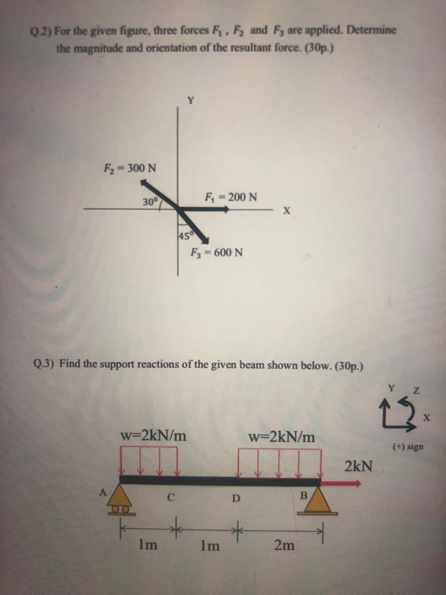 Q.2) For the given figure, three forces F, F2 and F3 are applied. Determine
the magnitude and orientation of the resultant force. (30p.)
Y
= 300 N
300
F, = 200 N
X
450
F = 600 N
Q.3) Find the support reactions of the given beam shown below. (30p.)
Y
w=2kN/m
w=2kN/m
(+) sign
2kN
A
D
00
1m
1m
2m
