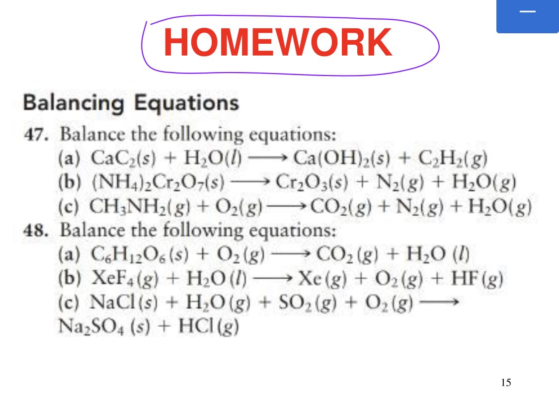 HOMEWORK
Balancing Equations
47. Balance the following equations:
(a) CaC2(s) + H,O(l) Ca(OH)2(s) + C,H2(g)
(b) (NH4)2Cr2O-(s) Cr2O3(s) + N2(g) + H2O(g)
(c) CH;NH2(g) + O2(g) CO2(g) + N2(g) + H2O(g)
48. Balance the following equations:
(a) CH12O6 (s) + O2(g)→ CO, (g) + H2O (1)
(b) XeF4(g) + H2O (1) Xe (g) + O2(g) + HF (g)
(c) NaCl (s) + H;O(g) + SO2(g) + O2 (g)-
NazSO4 (s) + HCI (g)
15
