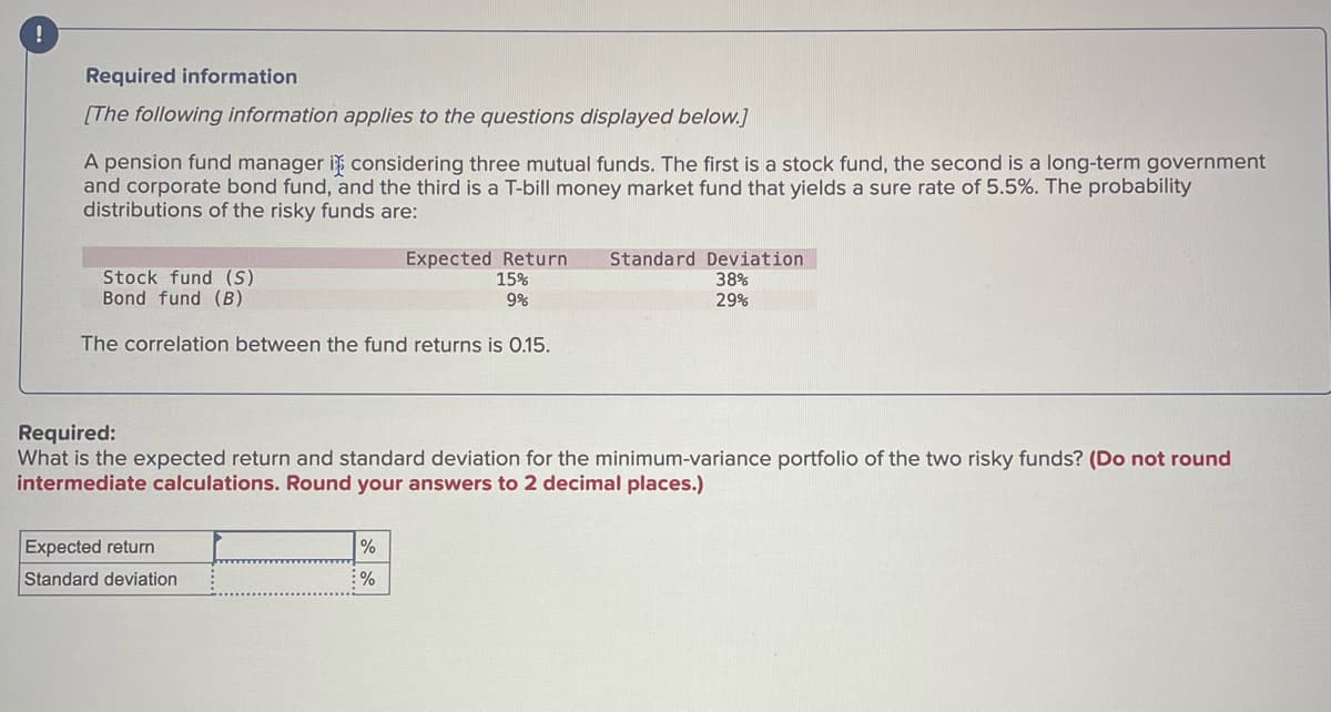 !
Required information
[The following information applies to the questions displayed below.]
A pension fund manager is considering three mutual funds. The first is a stock fund, the second is a long-term government
and corporate bond fund, and the third is a T-bill money market fund that yields a sure rate of 5.5%. The probability
distributions of the risky funds are:
Stock fund (S)
Bond fund (B)
Expected Return Standard Deviation
15%
9%
38%
29%
The correlation between the fund returns is 0.15.
Required:
What is the expected return and standard deviation for the minimum-variance portfolio of the two risky funds? (Do not round
intermediate calculations. Round your answers to 2 decimal places.)
Expected return
Standard deviation
%
:%