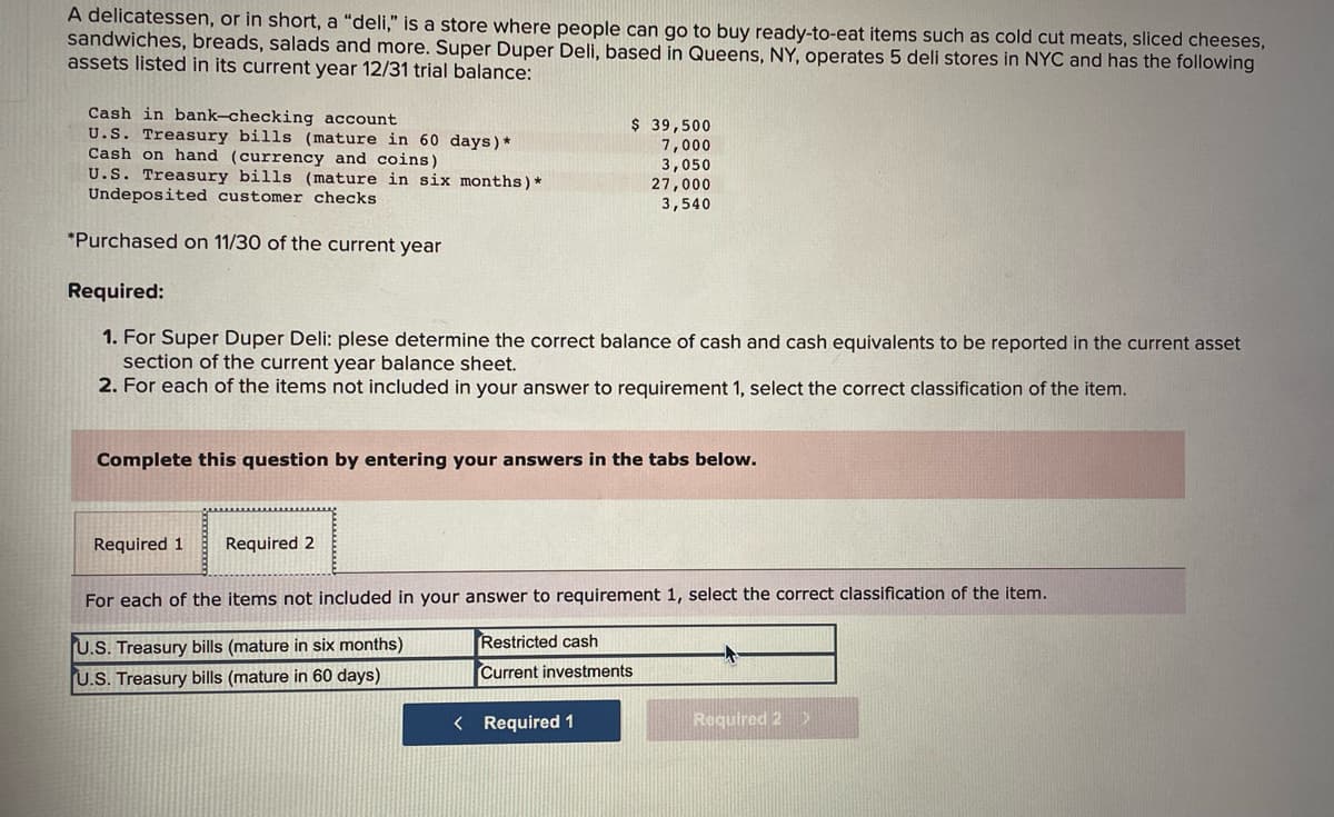 A delicatessen, or in short, a "deli," is a store where people can go to buy ready-to-eat items such as cold cut meats, sliced cheeses,
sandwiches, breads, salads and more. Super Duper Deli, based in Queens, NY, operates 5 deli stores in NYC and has the following
assets listed in its current year 12/31 trial balance:
Cash in bank-checking account
U.S. Treasury bills (mature in 60 days) *
Cash on hand (currency and coins)
U.S. Treasury bills (mature in six months)*
Undeposited customer checks
*Purchased on 11/30 of the current year
Required:
1. For Super Duper Deli: plese determine the correct balance of cash and cash equivalents to be reported in the current asset
section of the current year balance sheet.
2. For each of the items not included in your answer to requirement 1, select the correct classification of the item.
Complete this question by entering your answers in the tabs below.
Required 1
$ 39,500
7,000
3,050
27,000
3,540
Required 2
For each of the items not included in your answer to requirement 1, select the correct classification of the item.
U.S. Treasury bills (mature in six months)
U.S. Treasury bills (mature in 60 days)
Restricted cash
Current investments
< Required 1
Required 2 >