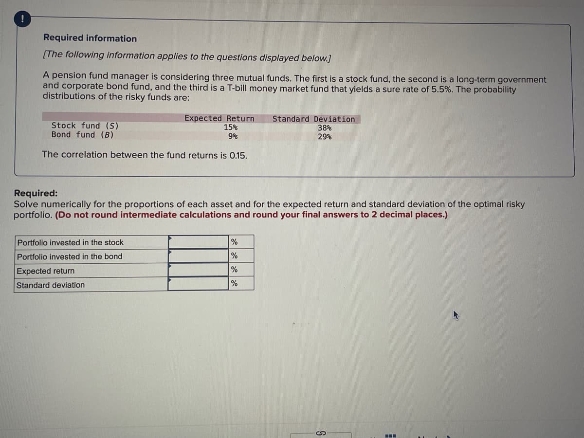 !
Required information
[The following information applies to the questions displayed below.]
A pension fund manager is considering three mutual funds. The first is a stock fund, the second is a long-term government
and corporate bond fund, and the third is a T-bill money market fund that yields a sure rate of 5.5%. The probability
distributions of the risky funds are:
Stock fund (S)
Bond fund (B)
Expected Return Standard Deviation
15%
38%
9%
29%
The correlation between the fund returns is 0.15.
Required:
Solve numerically for the proportions of each asset and for the expected return and standard deviation of the optimal risky
portfolio. (Do not round intermediate calculations and round your final answers to 2 decimal places.)
Portfolio invested in the stock
Portfolio invested in the bond
Expected return
Standard deviation
%
%
%
%
$