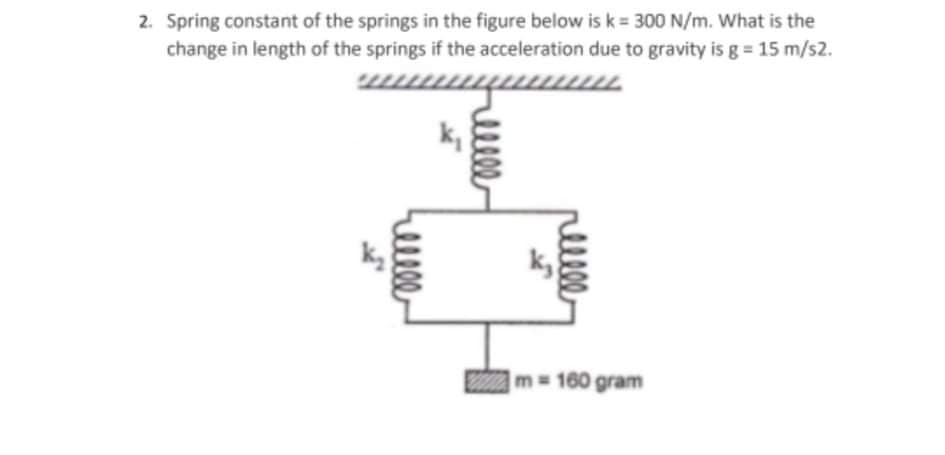 2. Spring constant of the springs in the figure below is k = 300 N/m. What is the
change in length of the springs if the acceleration due to gravity is g = 15 m/s2.
k,
m 160 gram
relel
lll
lellll
