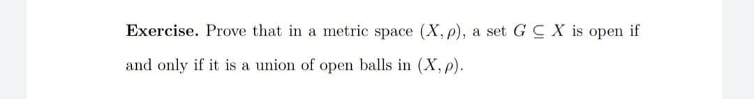 Exercise. Prove that in a metric space (X, p), a set GC X is open if
and only if it is a union of open balls in (X,p).
