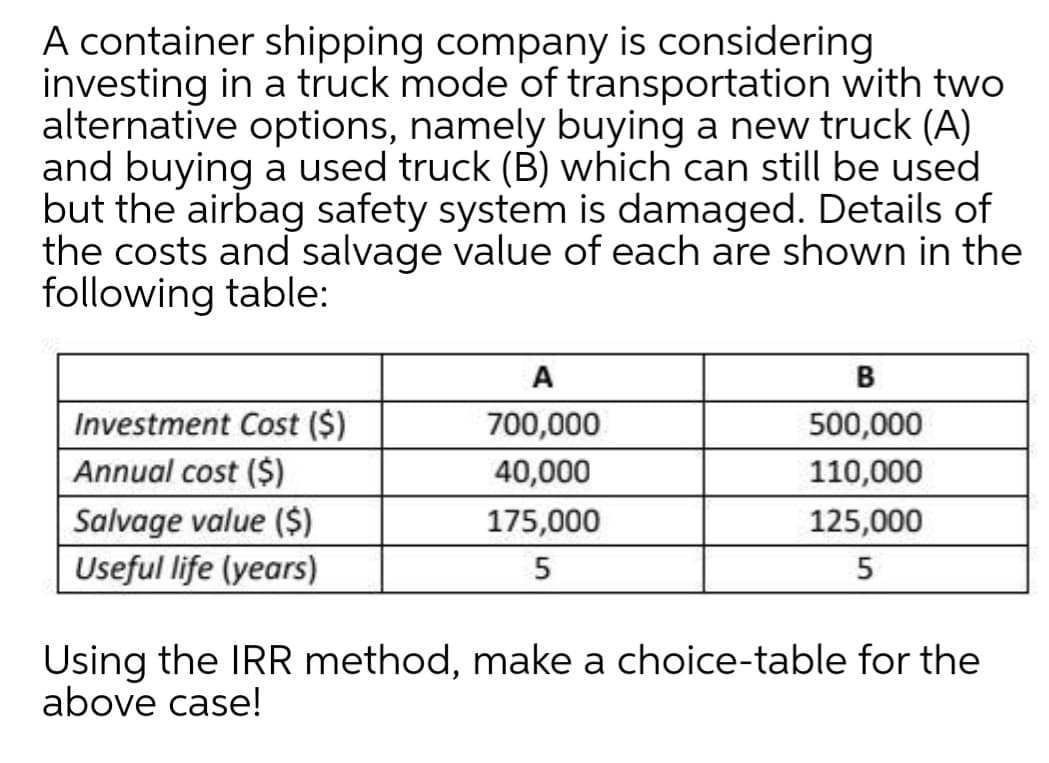 A container shipping company is considering
investing in a truck mode of transportation with two
alternative options, namely buying a new truck (A)
and buying a used truck (B) which can still be used
but the airbag safety system is damaged. Details of
the costs and salvage value of each are shown in the
following table:
A
B
Investment Cost ($)
Annual cost ($)
700,000
500,000
40,000
110,000
Salvage value ($)
175,000
125,000
Useful life (years)
Using the IRR method, make a choice-table for the
above case!
