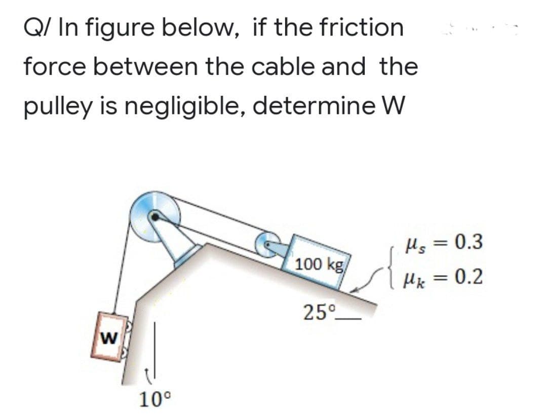 Q/ In figure below, if the friction
force between the cable and the
pulley is negligible, determine W
100 kg
25°
W
10⁰
Hs = 0.3
μk = 0.2