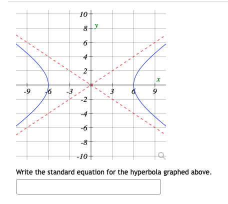 10+
2
-3
-2
-9
-4
-6
-8
-10+
Write the standard equation for the hyperbola graphed above.
