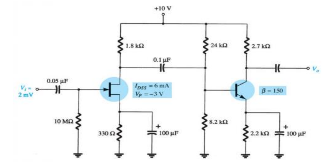 Vo
2 mV
0.05 με
10 ΜΩ
330 Ω
+10 V
0.1 με
Iass = 6 mA
Vp =-3 V
1.8 ΚΩ
+
100 με
M
24 ΚΩ
8.2 ΚΩ
| 2.7 ΚΩ
H
β = 150
' 2.2 ΚΩ - 100 με