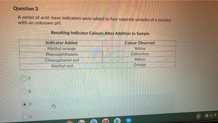 Question 3
A series of acid-base indicators were added to four separate samples of a solution
with an unknown pH.
Resulting Indicator Colours After Addition to Sample
Indicator Added
Colour Observed
Methyl orange
Phenolphthalein
Chlorophenol red
Methyl red
Yellow
Colourless
Yellow
Orange
07
8.
O CA
