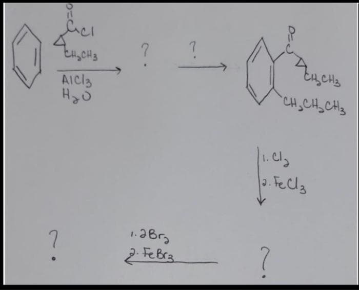 7
En CH3
AICI3
1.Cly
. Fe Clz
1.3 Brg
2 FeBr3
