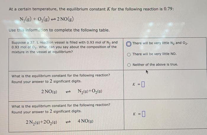 At a certain temperature, the equilibrium constant K for the following reaction is 0.79:
N,(g) + 0,(g) - 2 NO(g)
Use this Information to complete the following table.
Suppose a 37. L reaction vessel is filled with 0.93 mol of N2 and
0.93 mol of 02. What can you say about the composition of the
mixture in the vessel at equilibrium?
O There will be very little N, and 02.
O There will be very little NO.
O Neither of the above is true.
What is the equilibrium constant for the following reaction?
Round your answer to 2 significant digits.
K = 0
%3!
2 NO(9)
N3(9)+O,(9)
1,
What is the equilibrium constant for the following reaction?
Round your answer to 2 significant digits.
K =]
!!
2 N2(9)+20,(9)
4 NO(9)
1,
