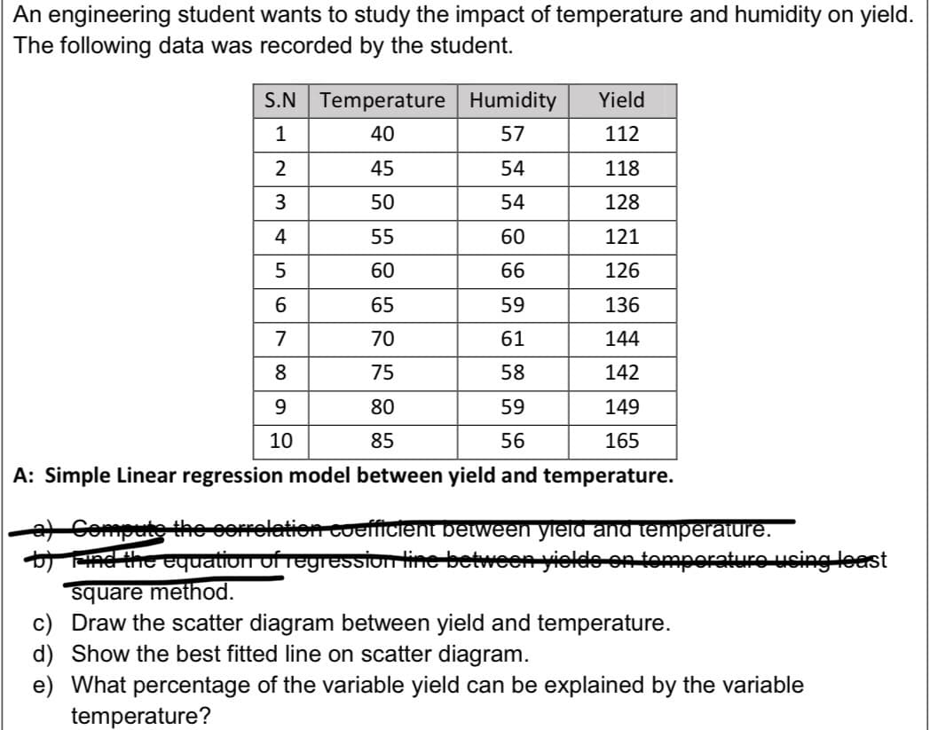 An engineering student wants to study the impact of temperature and humidity on yield.
The following data was recorded by the student.
S.N Temperature Humidity
Yield
1
40
57
112
45
54
118
3
50
54
128
4
55
60
121
5
60
66
126
6
65
59
136
7
70
61
144
8
75
58
142
9.
80
59
149
10
85
56
165
A: Simple Linear regression model between yield and temperature.
a Compute the correlation coUeficient between yield and temperature.
t ne the eyuation of regression line betweenyielde on tomporature using least
square method.
c) Draw the scatter diagram between yield and temperature.
d) Show the best fitted line on scatter diagram.
e) What percentage of the variable yield can be explained by the variable
temperature?
