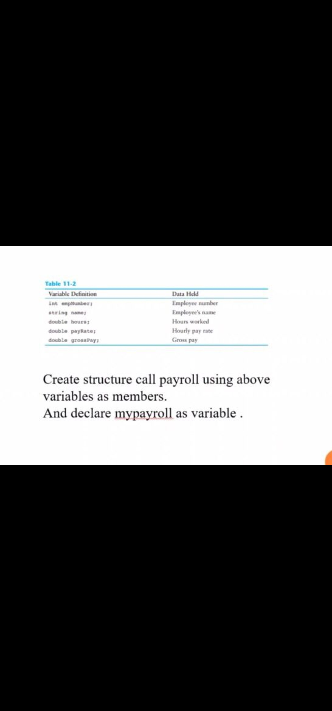 Table 11-2
Variable Definition
Data Held
int emplumber;
Employee number
string name;
Employee's name
double hours;
Hours worked
double paykate
double grossPay;
Hourly pay rate
Gross pay
Create structure call payroll using above
variables as members.
And declare mypayroll as variable.
