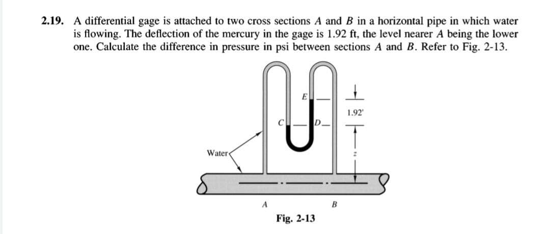 2.19. A differential gage is attached to two cross sections A and B in a horizontal pipe in which water
is flowing. The deflection of the mercury in the gage is 1.92 ft, the level nearer A being the lower
one. Calculate the difference in pressure in psi between sections A and B. Refer to Fig. 2-13.
nf
Water
A
Fig. 2-13
B
1.92