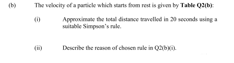 (b)
The velocity of a particle which starts from rest is given by Table Q2(b):
(i)
Approximate the total distance travelled in 20 seconds using a
suitable Simpson's rule.
(ii)
Describe the reason of chosen rule in Q2(b)(i).
