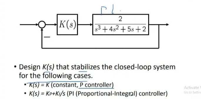 2
K(s)
$3 + 4s2 + 5s +2
• Design K(s) that stabilizes the closed-loop system
for the following cases.
•K(5) = K (constant, P controller)
K(s) = Kp+KI/s (PI (Proportional-Integral) controller)
Activate
Go to Settin
