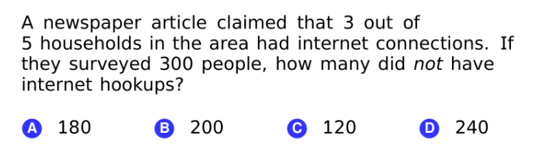 A newspaper article claimed that 3 out of
5 households in the area had internet connections. If
they surveyed 300 people, how many did not have
internet hookups?
А 180
В 200
120
D 240

