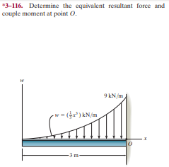 *3-116. Determine the equivalent resultant force and
couple moment at point O.
9 kN /m
-w = () kN/m
-3 m-
