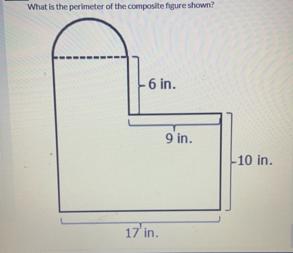 What is the perimeter of the composite figure shown?
6 in.
9 in.
-10 in.
17 in.
