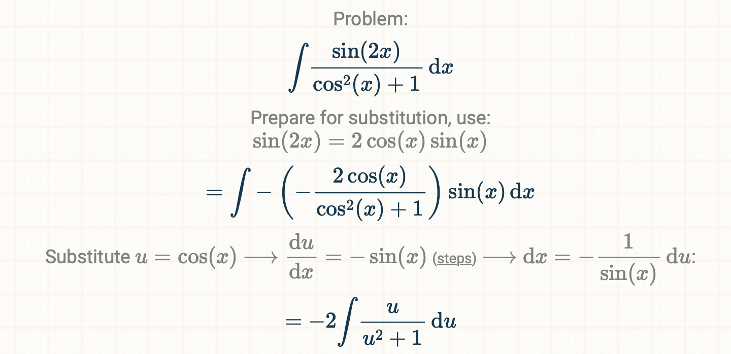 Problem:
sin(2ax)
dac
cos2(a)1
Prepare for substitution, use:
sin (2x) 2 cos() sin(x)
/-(
2 cos (x)
cos2(r)1
sin(x) da
du
1
du:
sin(x)
- sin(x) (steps)
cos(x)
Substitute u
>da
dx
du
2
u21
