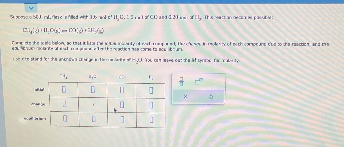 Suppose a 500. mL flask is filled with 1.6 mol of H₂O, 1.5 mol of CO and 0.20 mol of H₂. This reaction becomes possible:
CH₂(g) +H₂O(g)
CO(g) + 3H₂(g)
Complete the table below, so that it lists the initial molarity of each compound, the change in molarity of each compound due to the reaction, and the
equilibrium molarity of each compound after the reaction has come to equilibrium.
Use x to stand for the unknown change in the molarity of H₂O. You can leave out the M symbol for molarity.
initial
change
equilibrium
U
CHA
0
0
0
H₂O
0
X
0
CO
0
0
0
H₂
0
0
10
DO
X