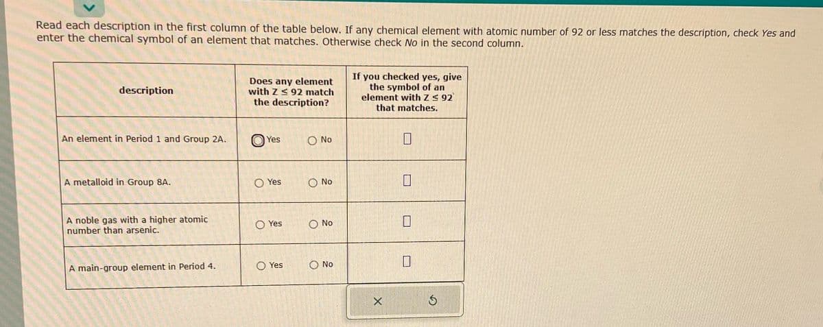 Read each description in the first column of the table below. If any chemical element with atomic number of 92 or less matches the description, check Yes and
enter the chemical symbol of an element that matches. Otherwise check No in the second column.
description
An element in Period 1 and Group 2A.
A metalloid in Group 8A.
A noble gas with a higher atomic
number than arsenic.
A main-group element in Period 4.
Does any element
with Z 92 match
the description?
O
O
O
Yes
Yes
Yes
Yes
O No
No
No
O No
If you checked yes, give
the symbol of an
element with Z≤ 92
that matches.
X
0
0
Ś