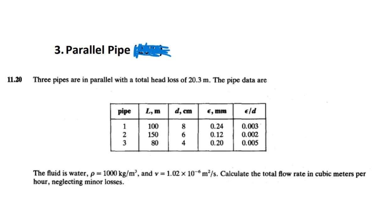 11.20
3. Parallel Pipe
Three pipes are in parallel with a total head loss of 20.3 m. The pipe data are
pipe
1
2
3
L, m
100
150
80
d, cm
8
6
4
€, mm
0.24
0.12
0.20
€/d
0.003
0.002
0.005
The fluid is water, p = 1000 kg/m³, and v= 1.02 x 10-6 m²/s. Calculate the total flow rate in cubic meters per
hour, neglecting minor losses.