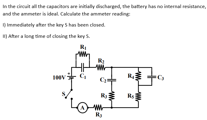 In the circuit all the capacitors are initially discharged, the battery has no internal resistance,
and the ammeter is ideal. Calculate the ammeter reading:
1) Immediately after the key S has been closed.
II) After a long time of closing the key S.
R₁
ww
100V
C₁
A
R₂
www
C₂:
R35
www
R3
R4
R55
C3