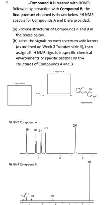 9.
Compound A is treated with HONO,
followed by a reaction with Compound B; the
final product obtained is shown below. H NMR
spectra for Compounds A and B are provided.
(a) Provide structures of Compounds A and B in
the boxes below.
(b) Label the signals on each spectrum with letters
(as outlined on Week 3 Tuesday slide 4), then
assign all H NMR signals to specific chemical
environments or specific protons on the
structures of Compounds A and B.
Compound
CompoundA
HONO
Fr Product
H NMR Compound A
2H
1H
1H 1H 1H
3H
H NMR Compound B
2H
1H
1H
2H
