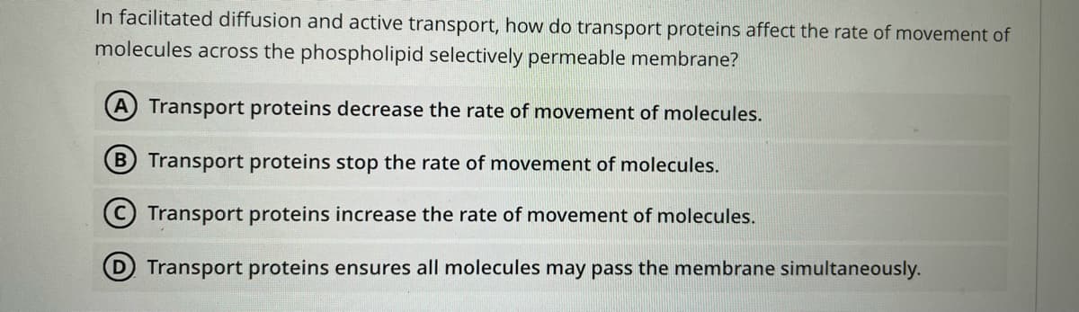 In facilitated diffusion and active transport, how do transport proteins affect the rate of movement of
molecules across the phospholipid selectively permeable membrane?
A Transport proteins decrease the rate of movement of molecules.
B Transport proteins stop the rate of movement of molecules.
© Transport proteins increase the rate of movement of molecules.
Transport proteins ensures all molecules may pass the membrane simultaneously.
