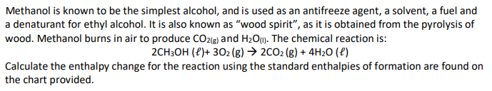 Methanol is known to be the simplest alcohol, and is used as an antifreeze agent, a solvent, a fuel and
a denaturant for ethyl alcohol. It is also known as "wood spirit", as it is obtained from the pyrolysis of
wood. Methanol burns in air to produce CO2(g) and H₂O). The chemical reaction is:
2CH3OH ()+ 30₂ (g) → 2CO2 (g) + 4H₂O(l)
Calculate the enthalpy change for the reaction using the standard enthalpies of formation are found on
the chart provided.