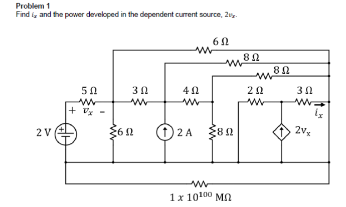 Problem 1
Find ix and the power developed in the dependent current source, 2vx-
6Ω
5Ω
3 Ω
ww
2V
Μ
+ Ox
Εθ
ΣΕΩ
4Ω
ww
1) 2 A
www
58 Ω
1 x 10100 ΜΩ
8 Ω
ΖΩ
Μ
8 Ω
3 Ω
ww
21.
ix