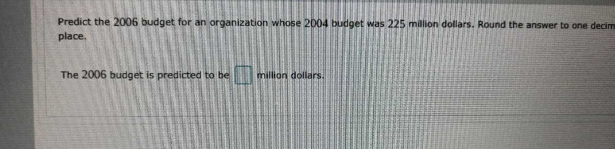 Predict the 2006 budget for an organization whose 2004 budget was 225 million dollars. Round the answer to one decim
place.
The 2006 budget is predicted to be
million dollars.
