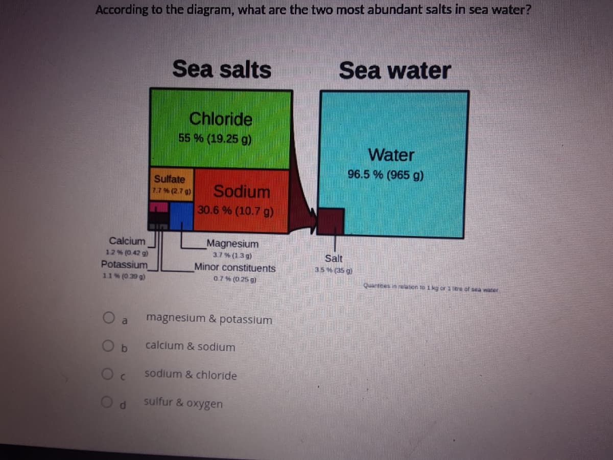 According to the diagram, what are the two most abundant salts in sea water?
Sea salts
Sea water
Chloride
55% (19.25 g)
Water
96.5 % (965 g)
Sulfate
7.7% (2.7 g)
Sodium
30.6 % (10.7 g)
Calcium
Magnesium
3.7% (1.3 g)
Minor constituents
07% (0.25 g)
Salt
35 % (35 g)
12% (0.42 g)
Potassium
11% (0 39 g)
Duantes in retion to Ikgor e ot sea water
a
magnesium & potassium
calcium & sodium
sodium & chloride
sulfur & oxygen
