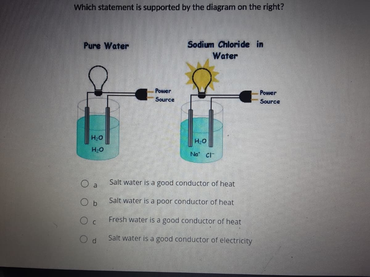 Which statement is supported by the diagram on the right?
Pure Water
Sodium Chloride in
Water
Power
Power
Source
Source
H2O
O'H
H2O
Na Cl
Salt water is a good conductor of heat
a.
Salt water is a poor conductor of heat
Fresh water is a good conductor of heat
di
Salt water is a good conductor of electricity
